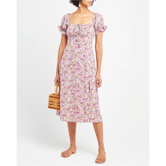 O.P.T. One Pretty Time Go On A Date Floral Smocked Midi Dress Puff Sleeve M - Picture 5 of 9